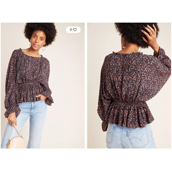 Anthropologie Top Women XS Black Peasant Nichola Peplum Dramatic balloon Blouse - Picture 1 of 8